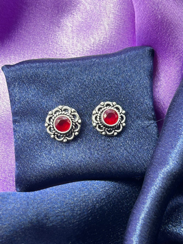 Designer Oxidised Silver Earrings with Red Stone (Made in 925 Silver)