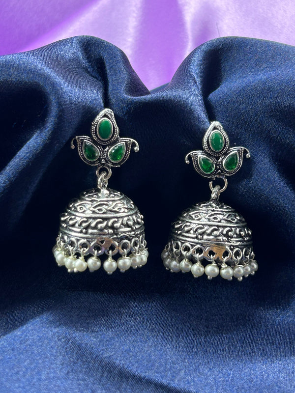 The Elegant Green Stone Oxidised Jhumke (Made in 925 Silver)