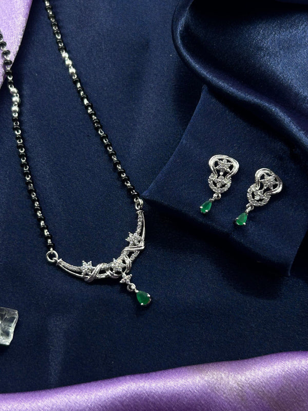 Silver Mangalsutra with Earrings Designed with Green Colored Stone (Made in 925 Silver)