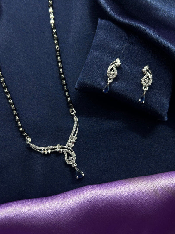 Silver Mangalsutra with Earrings Designed with Blue Colored Stone (Made in 925 Silver)