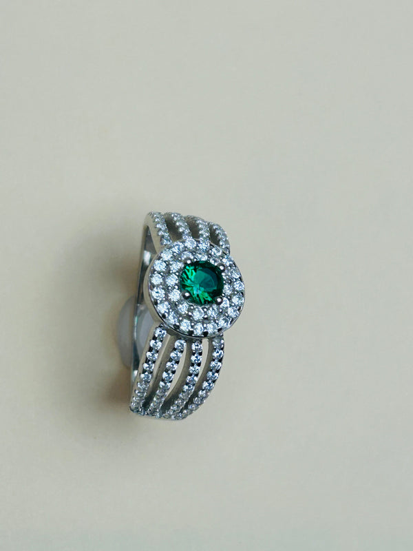 Silver Green Stone Enclosed in White CZ Ring ( Made in 925 Silver)