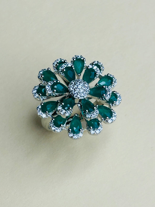 Fantastic Flowery Green Silver Ring (Made in 925 Silver)