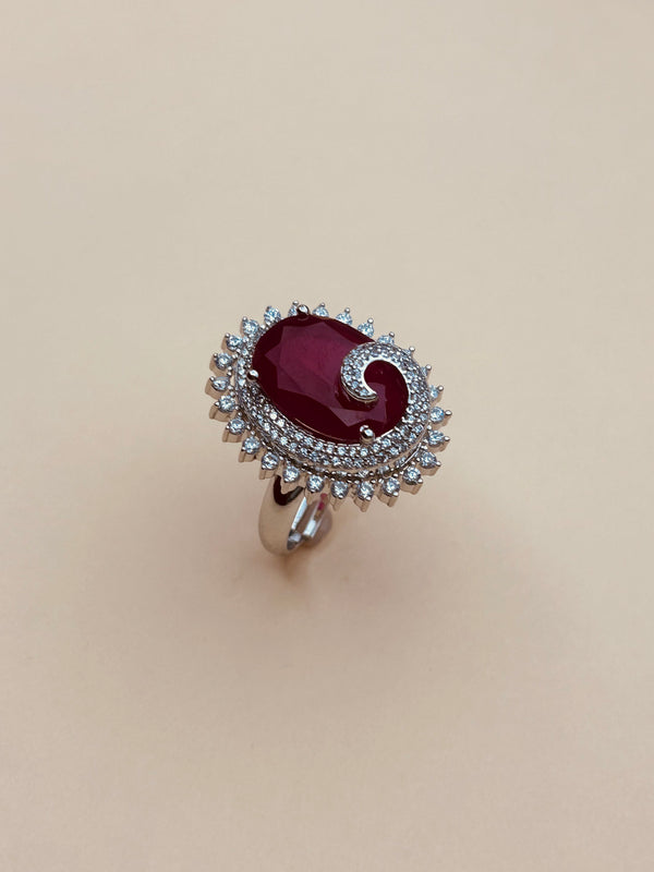 Red CZ Stone Oval Shaped Silver Ring (Made in 925 Silver)