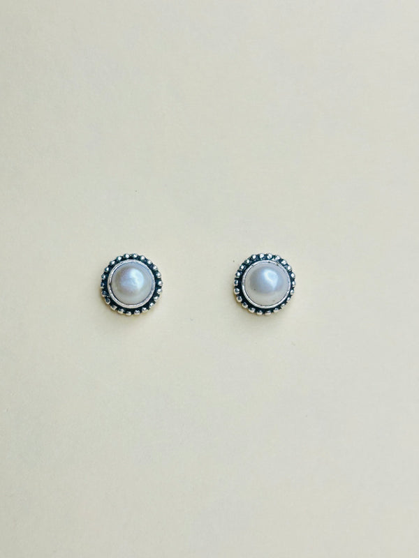 Oxidised Silver Earrings with White Pearl Stone (Made in 925 Silver)