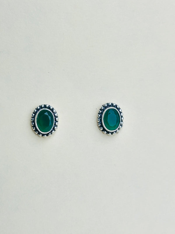 Oxidised Silver Earrings with Green Stone (Made in 925 Silver)