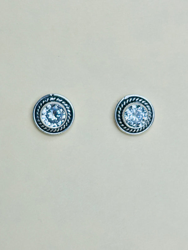 Oxidised Designer Silver Earrings with White Zircon Stone (Made in 925 Silver)