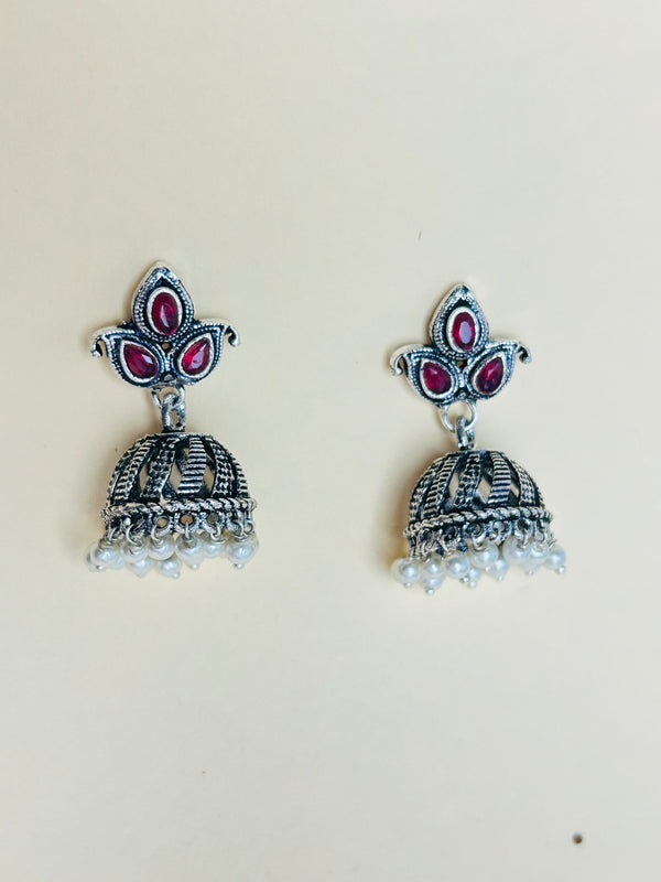 Pink Stone Oxidised Silver Jhumke (Made in 925 Silver)