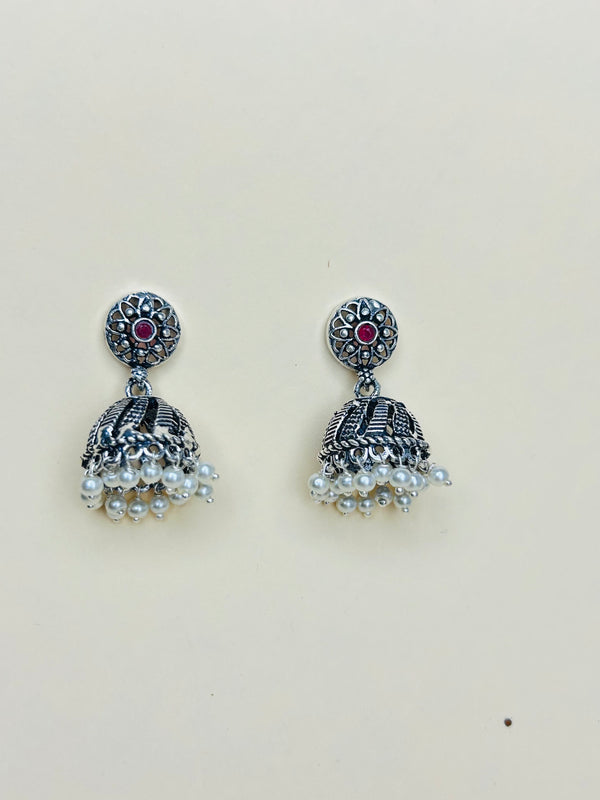 Round Pink Stone Oxidised Silver Jhumke (Made in 925 Silver)