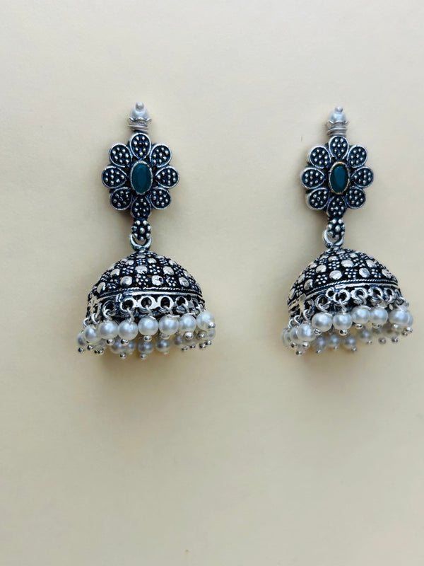 Flowery Green Oxidised Silver Jhumke (Made in 925 Silver)