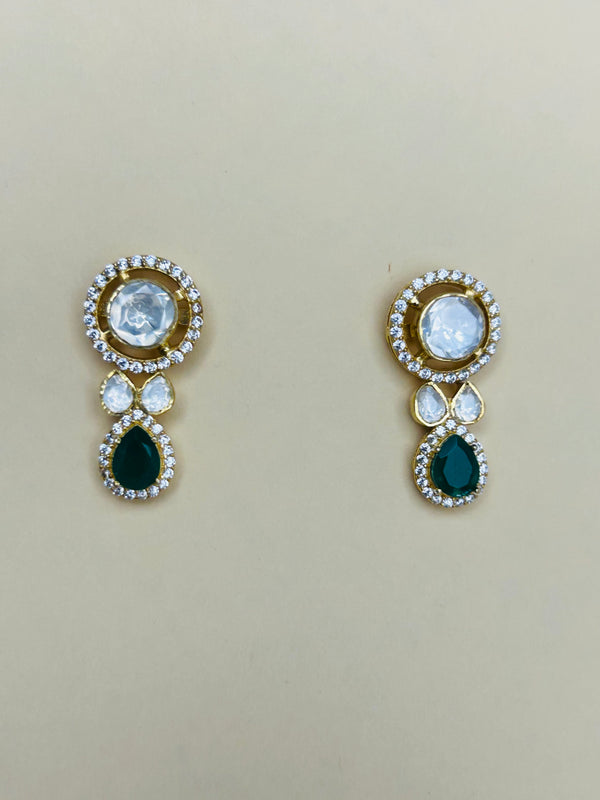 White Kundan Earring with Green Stone Tassel (Made in 925 Silver)