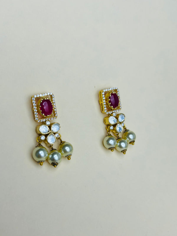 Red Stone Kundan Earring  (Made in 925 Silver)